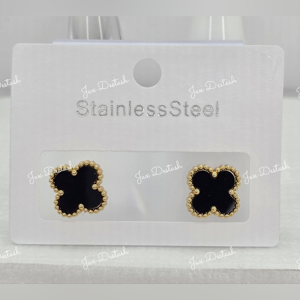 Black Clover Stainless Steel Stud Earrings - Gold Trim ER153